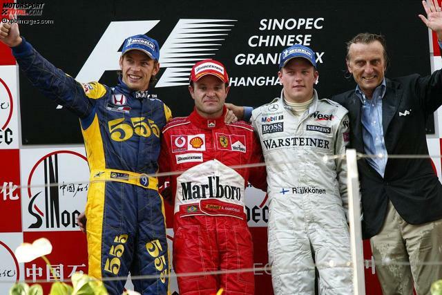 Premierensieger im Jahr 2004: Rubens Barrichello (Ferrari) vor Jenson Button (BAR) und Kimi Räikkönen (McLaren). Jetzt durch die Geschichte des Grand Prix von China klicken!