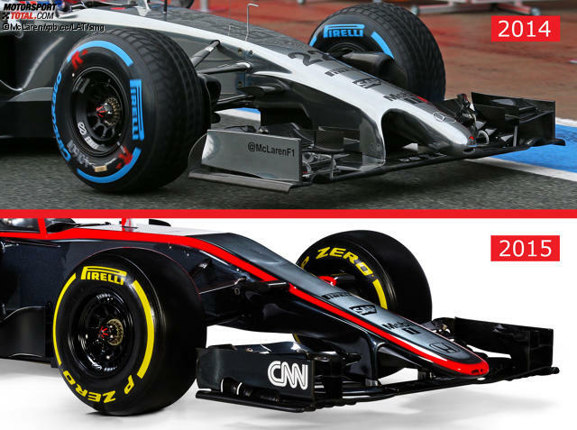 Schluss mit dem Ameisenbär! Die neue Nase des McLaren-Honda MP4-30 für die Formel 1 2015 kommt wie beim Lotus ohne Stummelnase aus - im Gegensatz zu Williams und Force India.