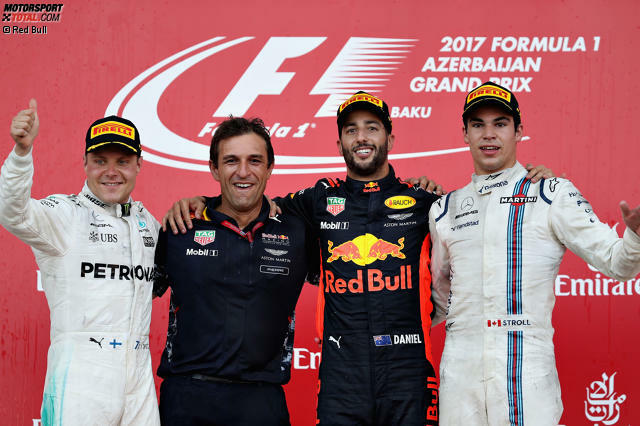 Verrückter geht&#39;s nicht: Daniel Ricciardo (P17 nach Bremsen-Reparaturstopp) gewinnt in Baku vor Valtteri Bottas (nach Kollision mit Kimi Räikkönen schon überrundet) und Lance Stroll (laut Jacques Villeneuve schlechtester Rookie aller Zeiten)! Der Grand Prix von Aserbaidschan 2017 ist der Formel-1-Kracher des Jahres. Jetzt durchklicken!