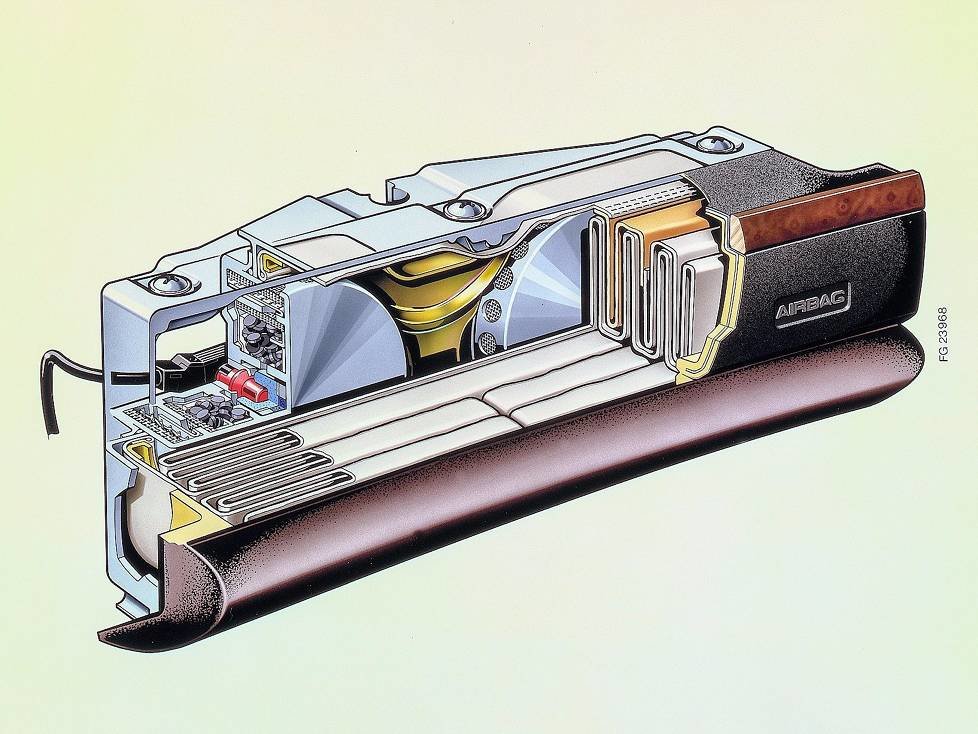 Schnittzeichnung des Beifahrer-Airbag-Moduls der Mercedes-Benz S-Klasse (W 126). Wesentliche Komponenten in der Darstellung sind der zusammengefaltete Luftsack sowie die beiden Gasgeneratoren mit ihrer Füllung aus Festtreibstoffpellets