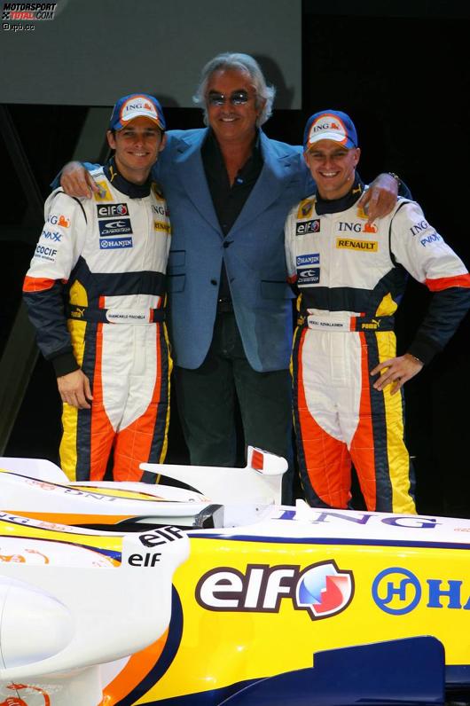 Giancarlo Fisichella, Flavio Briatore (Teamchef) und Heikki Kovalainen (Renault)