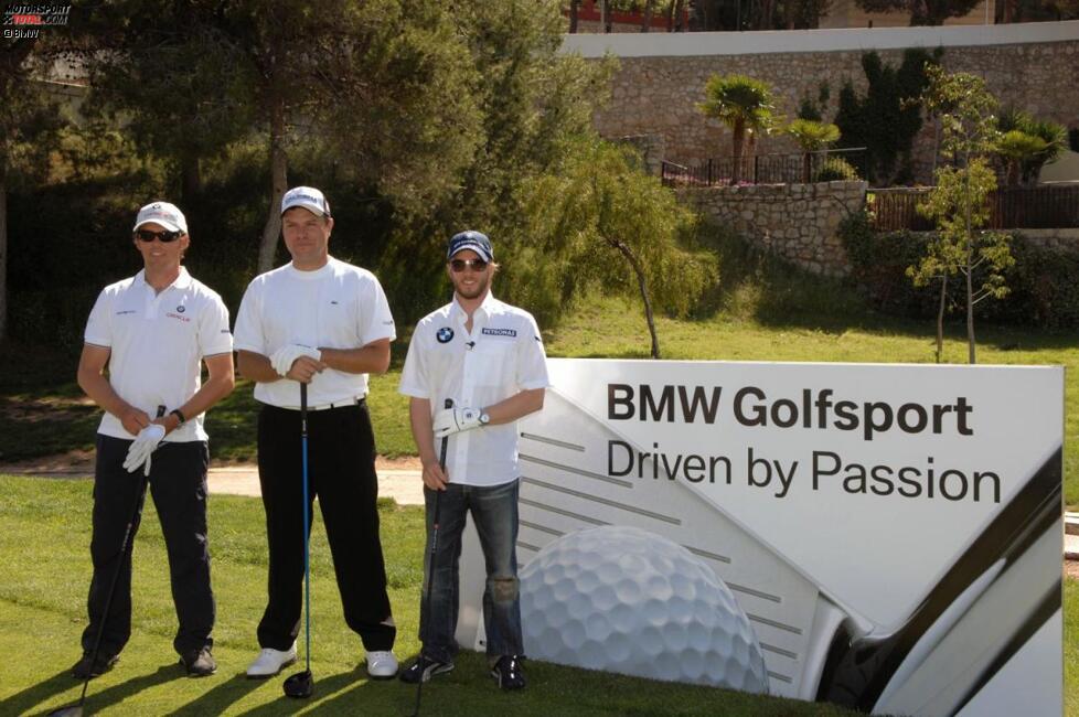 Segler Mark Bradford, Golf-Spielfer Jose Manuel Lara und Nick Heidfeld (BMW Sauber F1 Team) im Golfklub El Bosque in Valencia