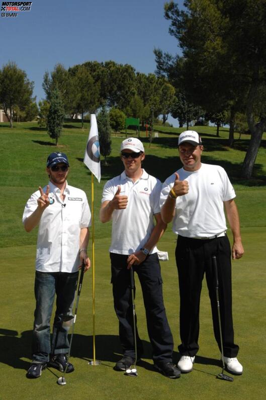 Nick Heidfeld (BMW Sauber F1 Team), Segler Mark Bradford und Golf-Spielfer Jose Manuel Lara im Golfklub El Bosque in Valencia