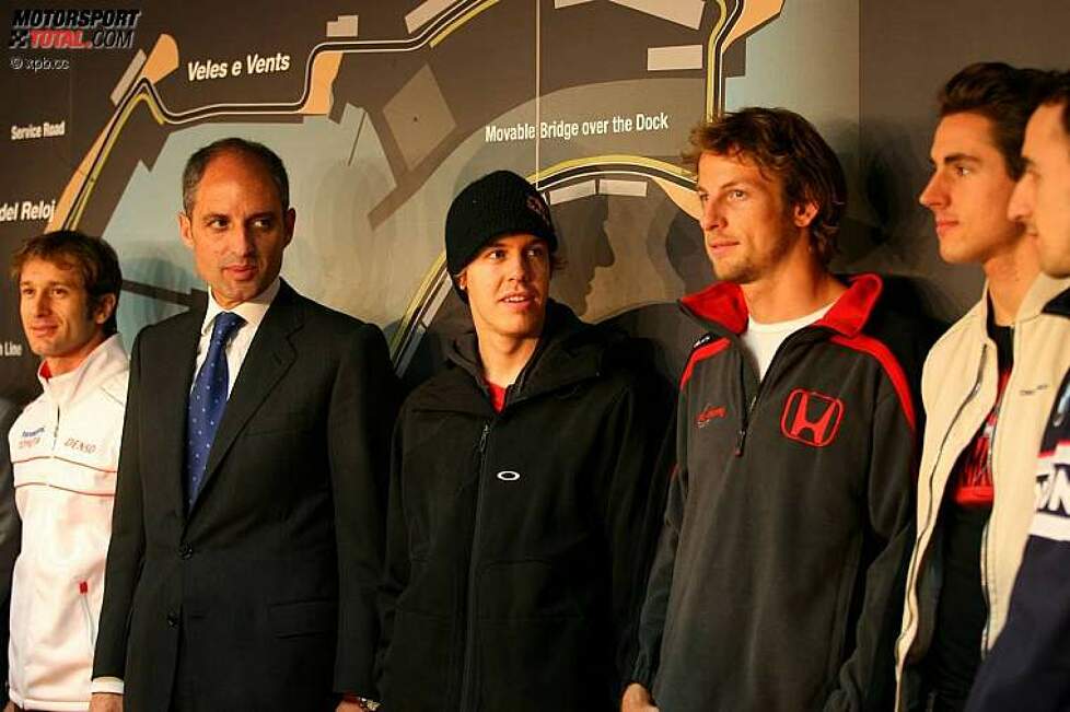 Jarno Trulli (Toyota), Sebastian Vettel (Toro Rosso), Jenson Button (Honda F1 Team) und Adrian Sutil (Force India), Pressekonferenz zur Vorstellung des Straßenkurses in Valencia 