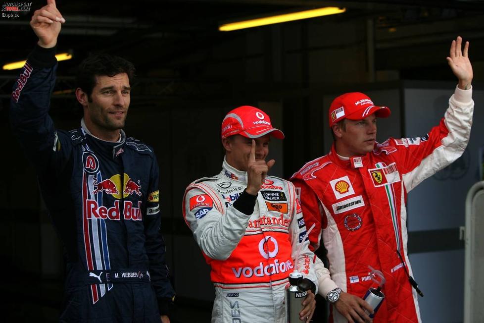 Mark Webber (Red Bull), Heikki Kovalainen (McLaren-Mercedes) und Kimi Räikkönen (Ferrari) 