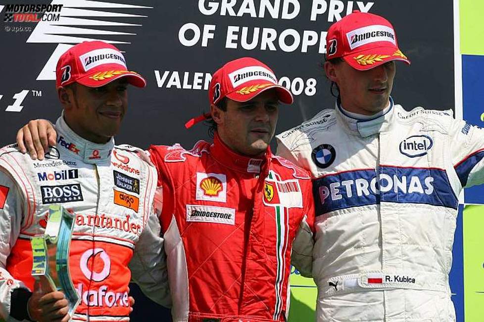 Das Siegerpodest in Valencia: Lewis Hamilton (McLaren-Mercedes), Felipe Massa (Ferrari) und Robert Kubica (BMW Sauber F1 Team) 