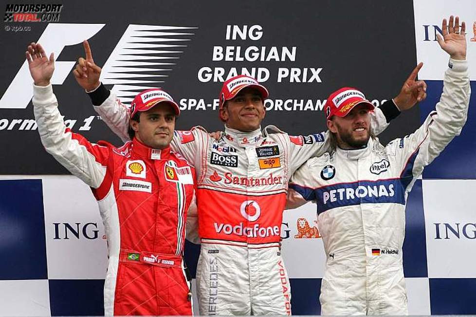 Das Podest in Spa-Francorchamps: Felipe Massa (Ferrari), Lewis Hamilton (McLaren-Mercedes) und Nick Heidfeld (BMW Sauber F1 Team) 