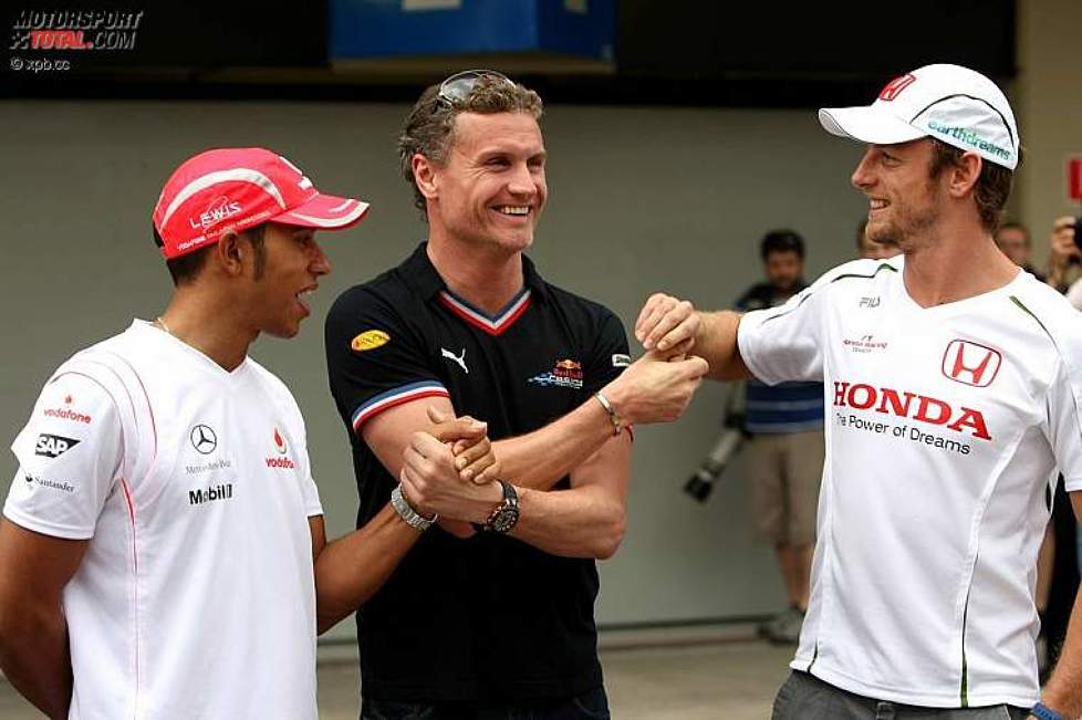 Lewis Hamilton (McLaren-Mercedes), David Coulthard (Honda F1 Team) und Jenson Button (Red Bull) 