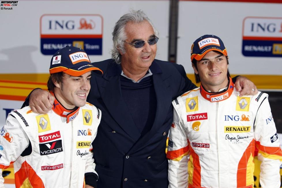 Fernando Alonso, Flavio Briatore (Teamchef) und Nelson Piquet Jr. (Renault)