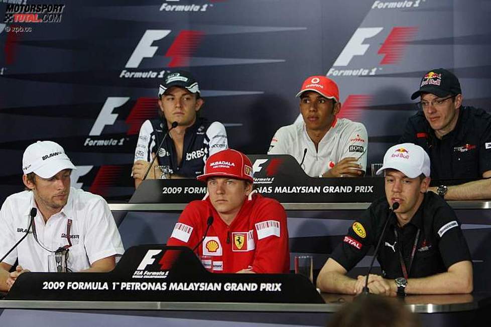 FIA-PK: Jenson Button, Nico Rosberg, Kimi Räikkönen, Lewis Hamilton, Sébastien Bourdais und Sebastian Vettel