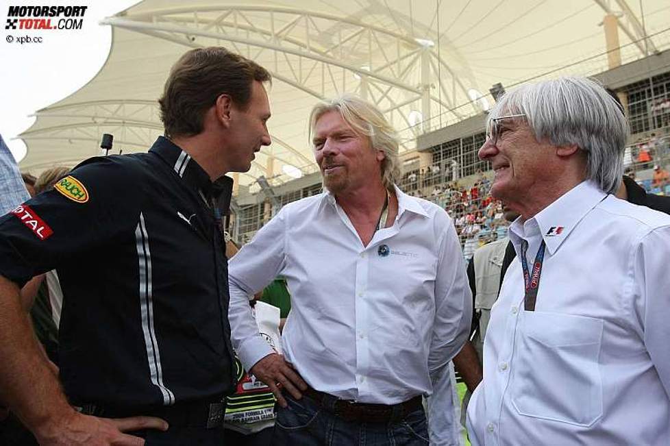 Christian Horner (Teamchef) (Red Bull), Virgin-Chef Richard Branson und Bernie Ecclestone (Formel-1-Chef) 