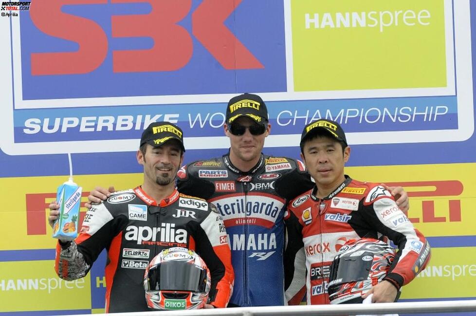 Max Biaggi (Aprilia), Ben Spies (Yamaha) und Noriyuki Haga (Ducati)