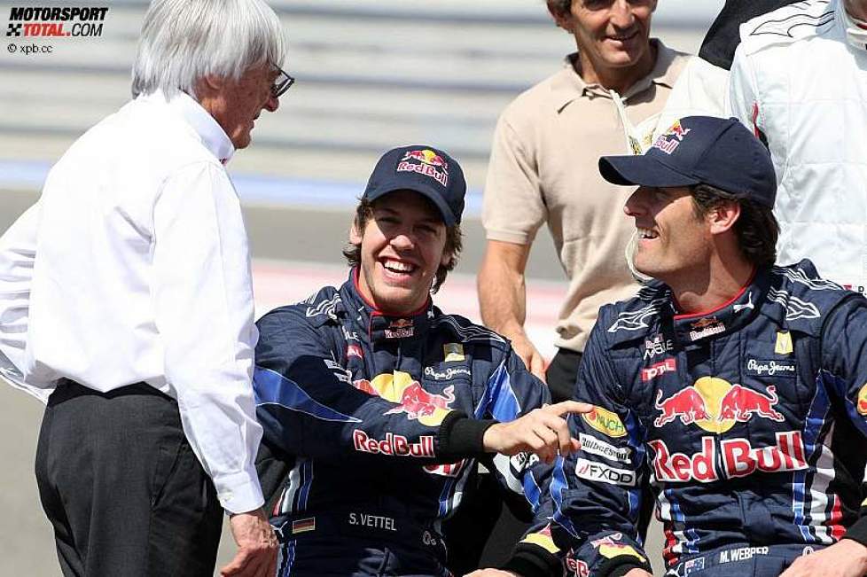 Bernie Ecclestone (Formel-1-Chef), Sebastian Vettel (Red Bull) und Mark Webber (Red Bull) 