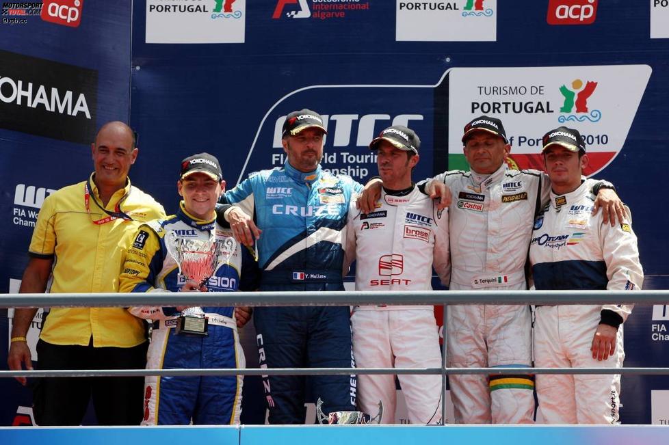 Tiago Monteiro (SR), Gabriele Tarquini (SR), Yvan Muller (Chevrolet) und SEAT-Sportchef Jaime Puig