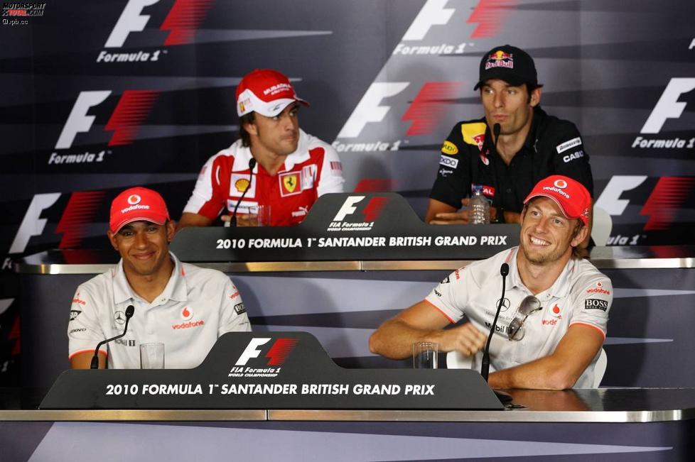 Oben: Fernando Alonso (Ferrari) und  Mark Webber (Red Bull); unten: Lewis Hamilton (McLaren) und enson Button (McLaren) 