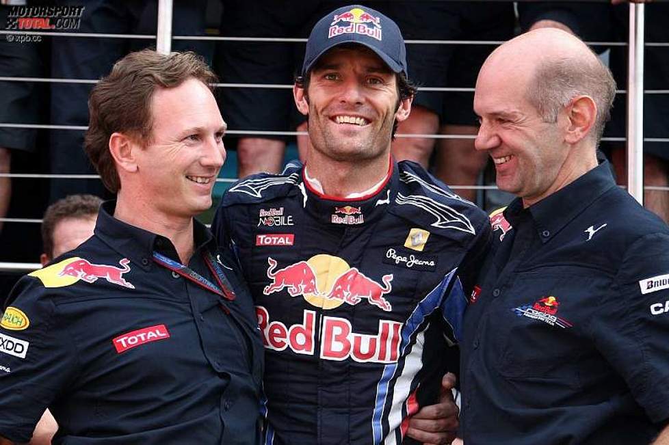 Christian Horner (Teamchef), Mark Webber (Red Bull) und Adrian Newey (Technischer Direktor) 