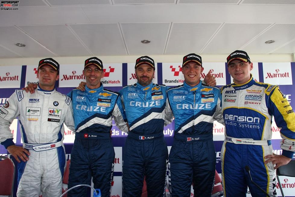 Colin Turkington (eBay Motors), Alain Menu (Chevrolet), Yvan Muller (Chevrolet), Robert Huff (Chevrolet) und Norbert Michelisz (Zengõ)