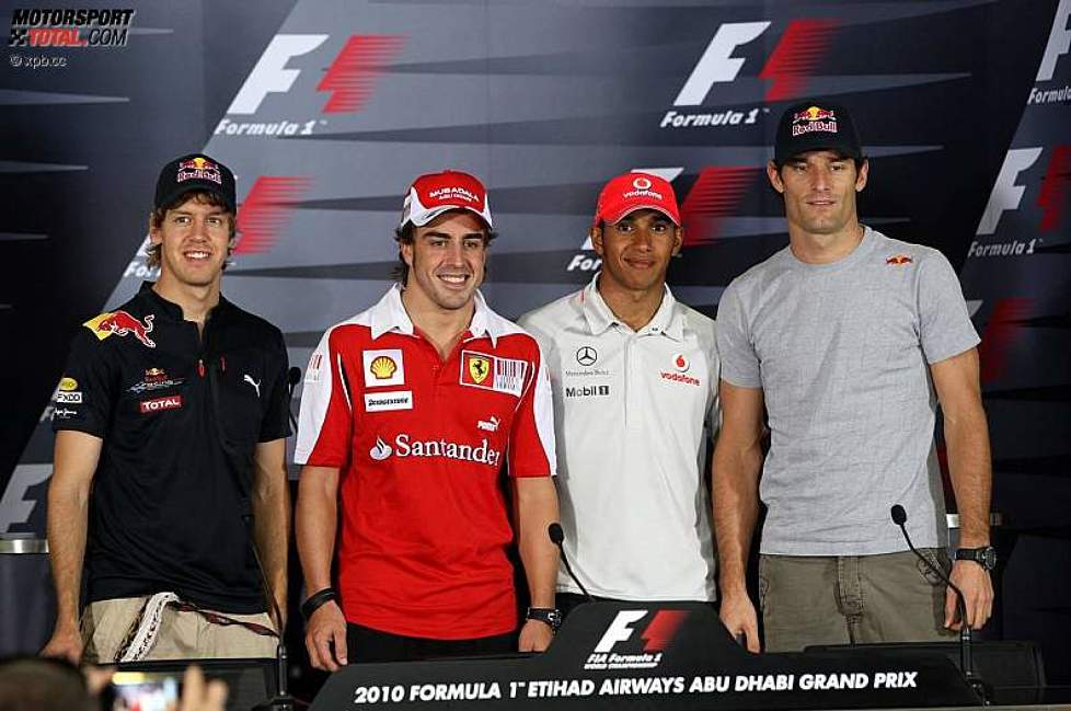Die WM-Kandidaten vor dem letzten Saisonrennen: Sebastian Vettel (Red Bull), Fernando Alonso (Ferrari), Lewis Hamilton (McLaren) und Mark Webber (Red Bull) 