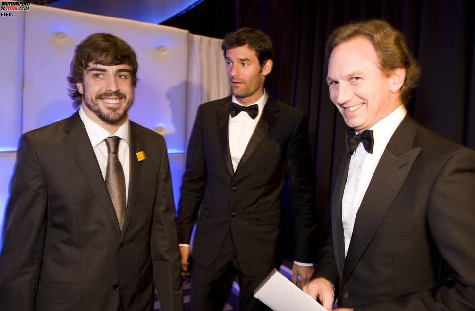 Fernando Alonso (Ferrari), Mark Webber (Red Bull) und Christian Horner (Teamchef) 