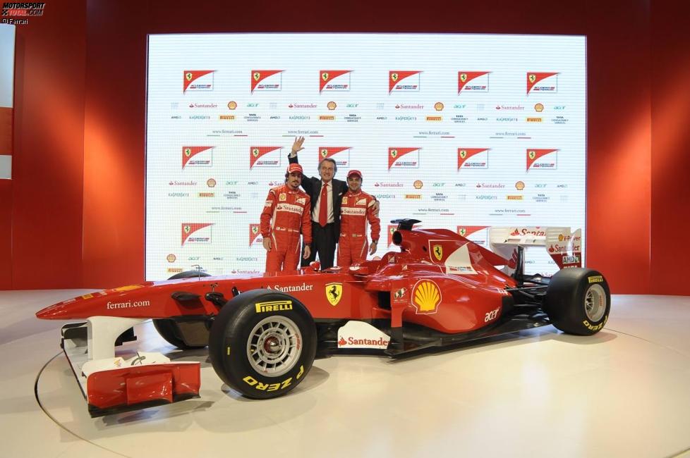 Fernando Alonso, Luca di Montezemolo (Präsident) und Felipe Massa (Ferrari)