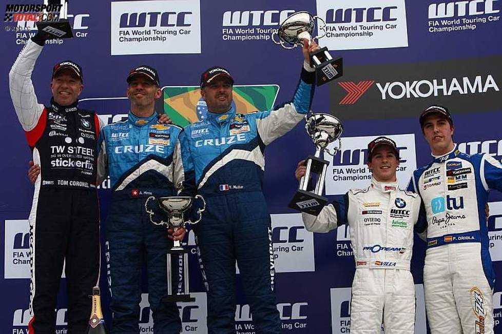 Tom Coronel (ROAL), Alain Menu (Chevrolet), Yvan Muller (Chevrolet), Javier Villa (Proteam) und Pepe Oriola (Sunred) 