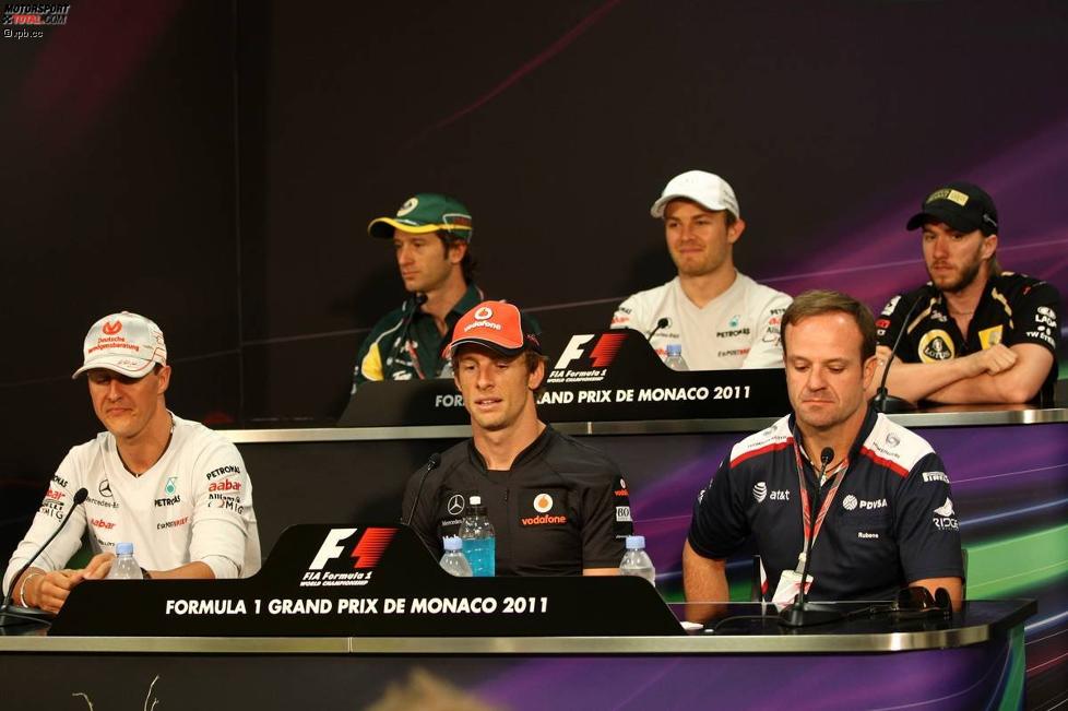 Pressekonferent am Mittwoch in Monte Carlo. Obere Reihe: Jarno Trulli (Lotus), Nico Rosberg (Mercedes) und Nick Heidfeld (Renault); untere Reihe: Michael Schumacher (Mercedes), Jenson Button (McLaren) und Rubens Barrichello (Williams) 