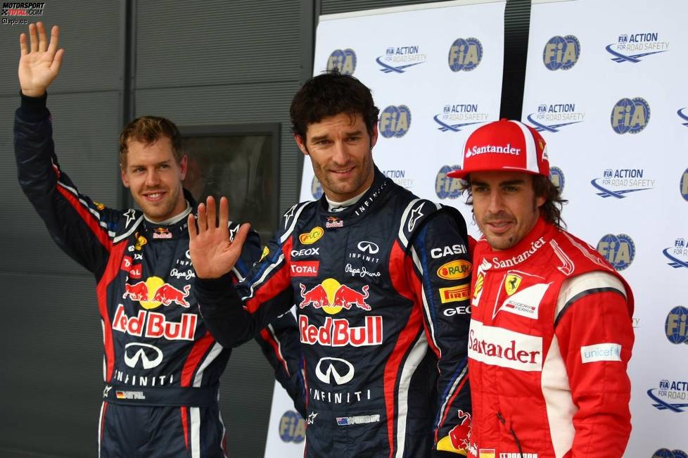 Sebastian Vettel (Red Bull), Mark Webber (Red Bull) und Fernando Alonso (Ferrari) 