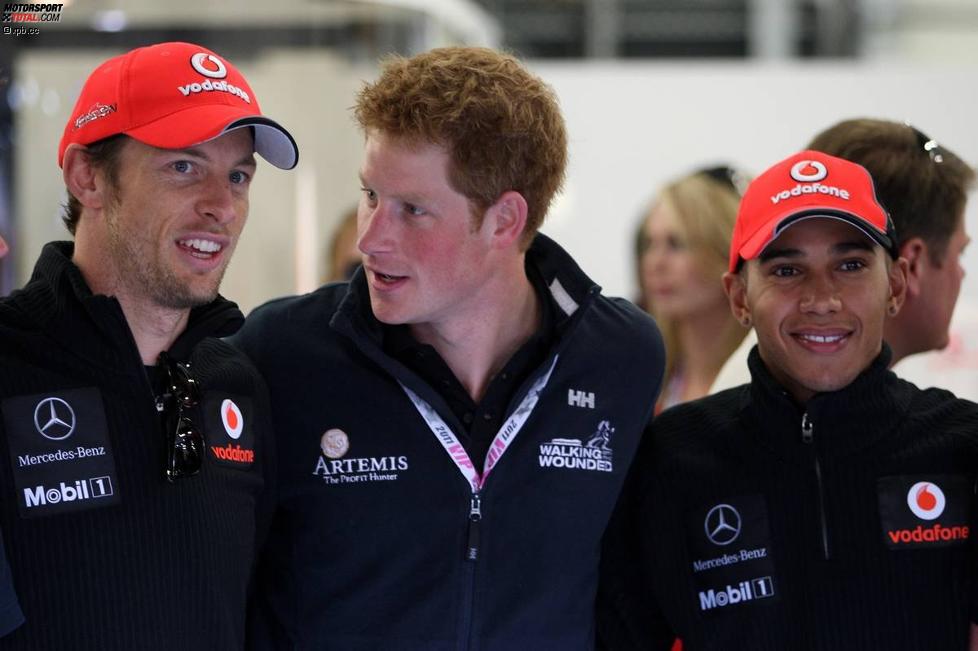 Jenson Button (McLaren), Prinz Harry und Lewis Hamilton (McLaren) 