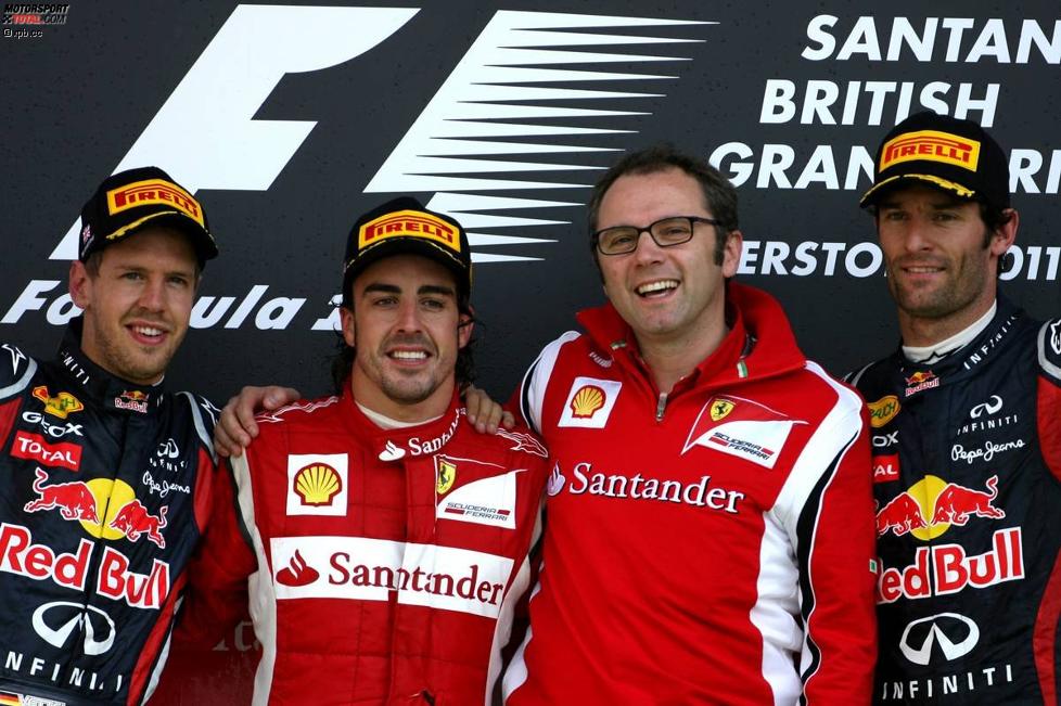 Sebastian Vettel (Red Bull), Fernando Alonso (Ferrari), Stefano Domenicali (Ferrari-Teamchef) und Mark Webber (Red Bull) 