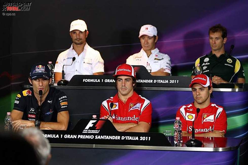 Obere Reihe: itantonio Liuzzi (HRT), Kamui Kobayashi (Sauber) und Jarno Trulli (Lotus); untere Reihe: Mark Webber (Red Bull), Fernando Alonso (Ferrari) und Felipe Massa (Ferrari)  