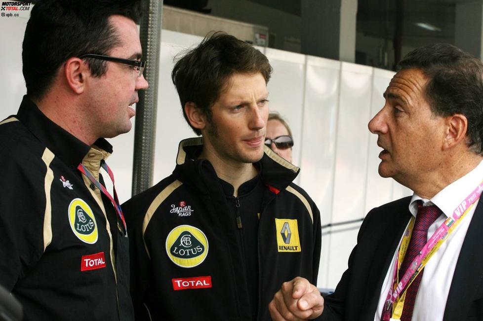 Eric Boullier, Romain Grosjean (Renault) und der französische Wirtschaftsminister Eric Besson