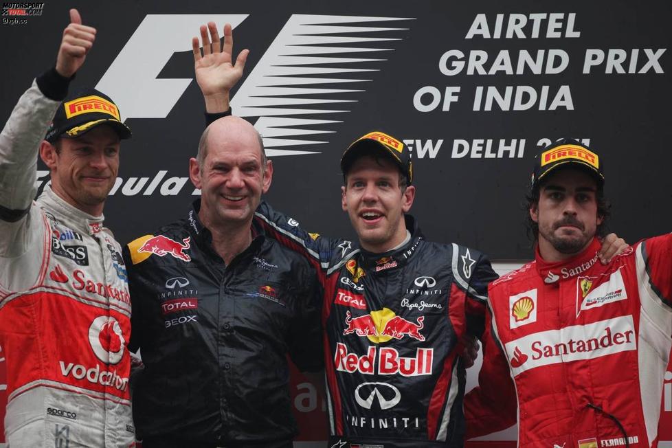 Jenson Button (McLaren), Adrian Newey (Technischer Direktor), Sebastian Vettel (Red Bull) und Fernando Alonso (Ferrari) 