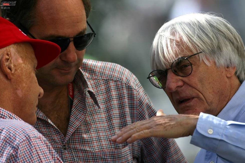 Niki Lauda, Ex-Formel-1-Rennfahrer Gerhard Berger und Bernie Ecclestone (Formel-1-Chef) 