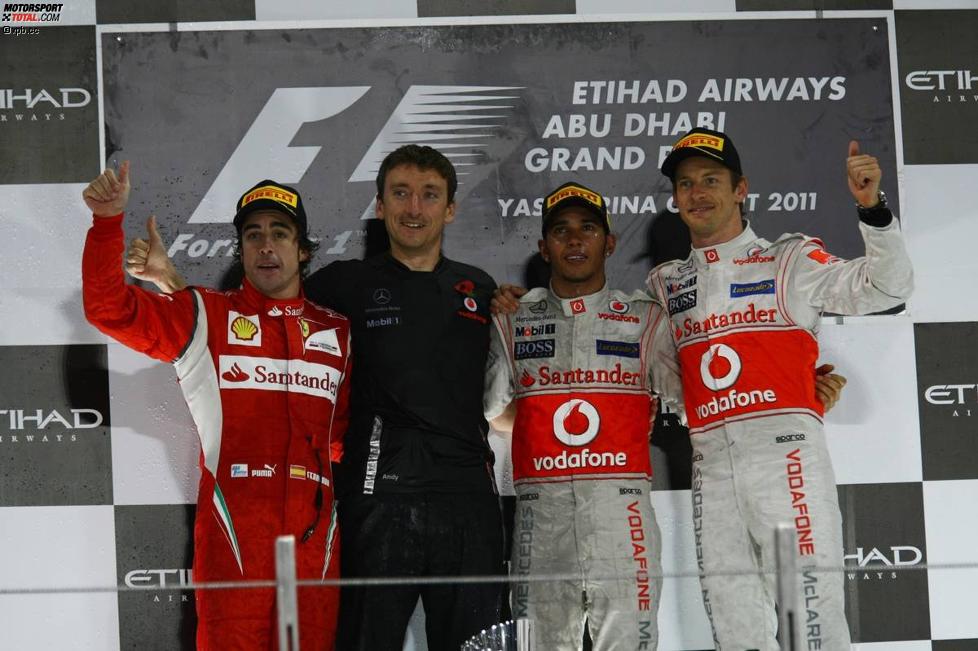 Fernando Alonso (Ferrari), Lewis Hamilton (McLaren) und Jenson Button (McLaren) 