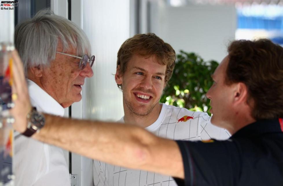 Bernie Ecclestone, Sebastian Vettel und Christian Horner (Red Bull)