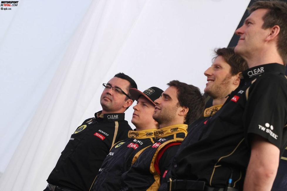 Eric Boullier und die Fahrer Kimi Räikkönen, Romain Grosjean und Jerome D'Ambrosio (Lotus) 
