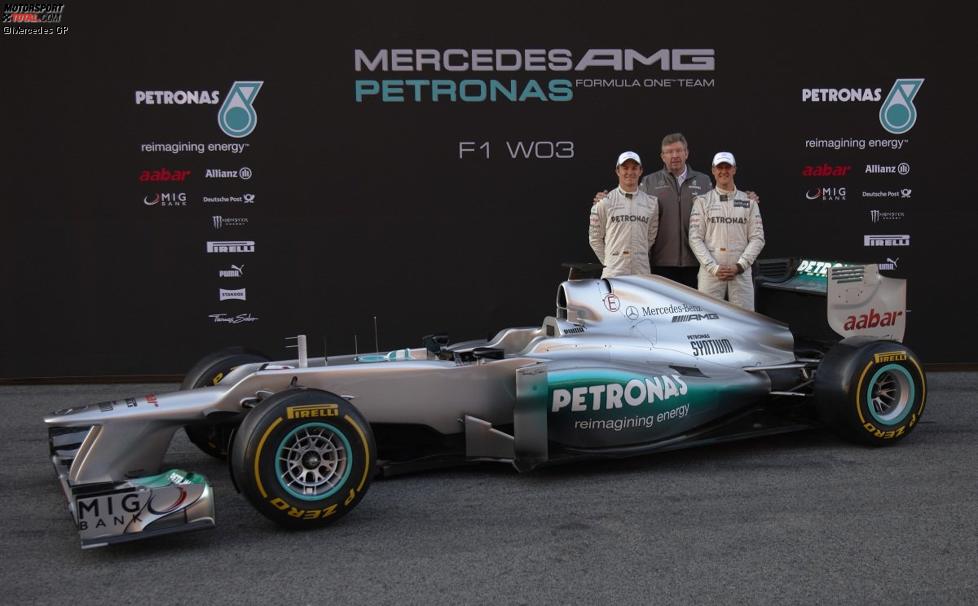 Nico Rosberg, Ross Brawn (Teamchef) und Michael Schumacher 