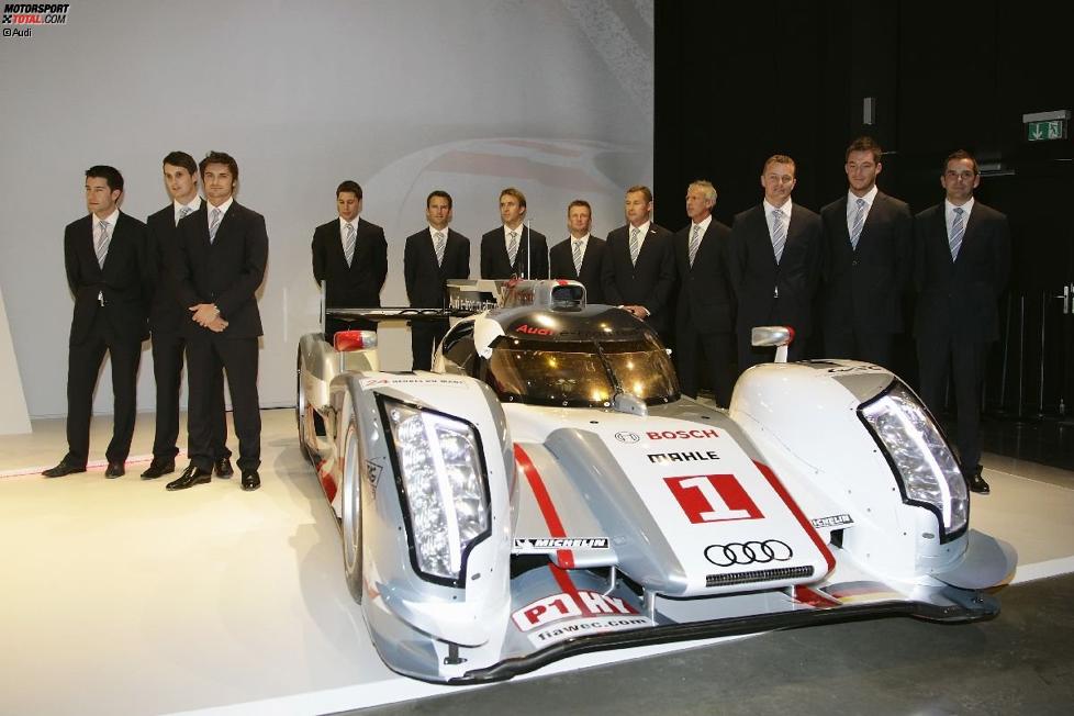 Der neue Audi R18 e-tron quattro und die zwölf Piloten für Le Mans