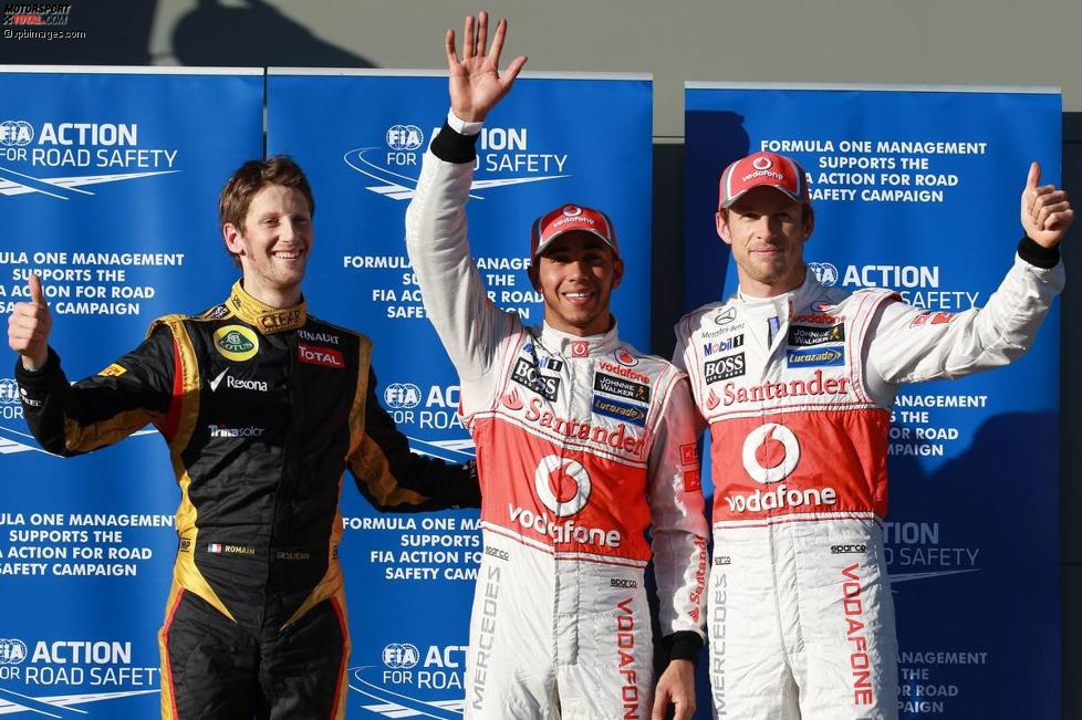 Romain Grosjean (Lotus), Lewis Hamilton (McLaren) und Jenson Button (McLaren) 