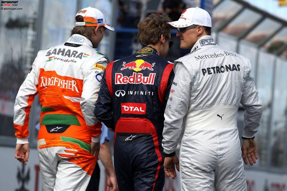Nico Hülkenberg (Force India), Sebastian Vettel (Red Bull) und Michael Schumacher (Mercedes) 
