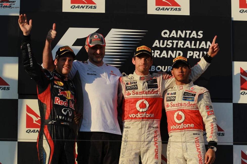 Sebastian Vettel (Red Bull), Jenson Button (McLaren) und Lewis Hamilton (McLaren) 