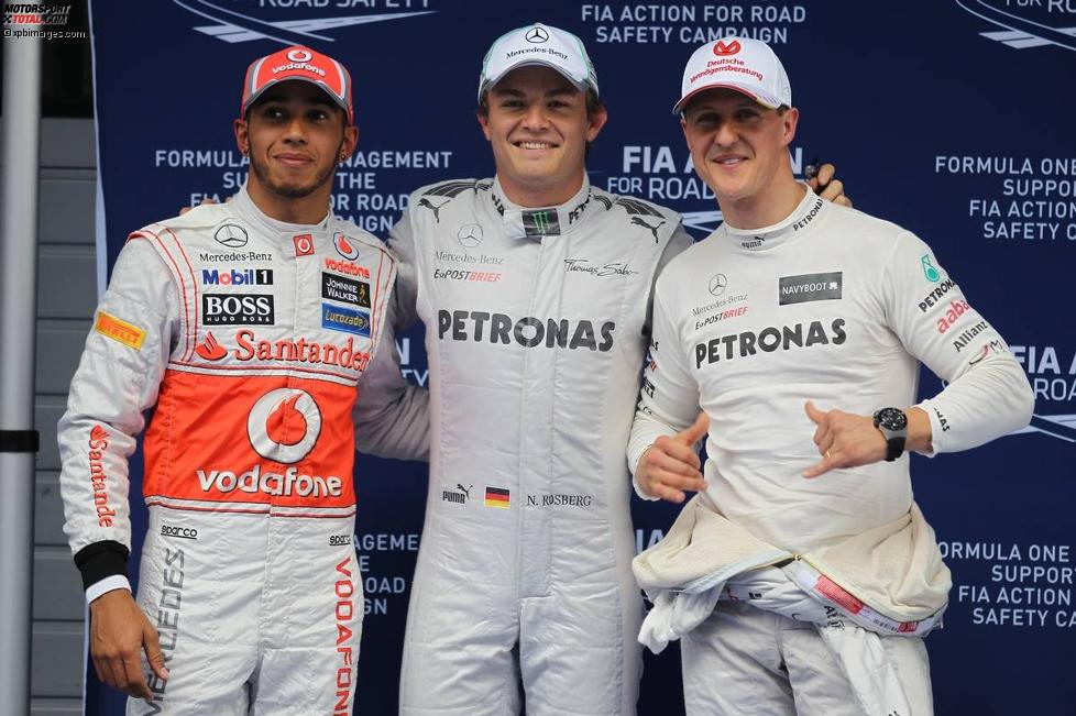 Nur Mercedes an der Spitze: Lewis Hamilton (McLaren), Nico Rosberg (Mercedes) und Michael Schumacher (Mercedes) nach dem Qualifying in China.