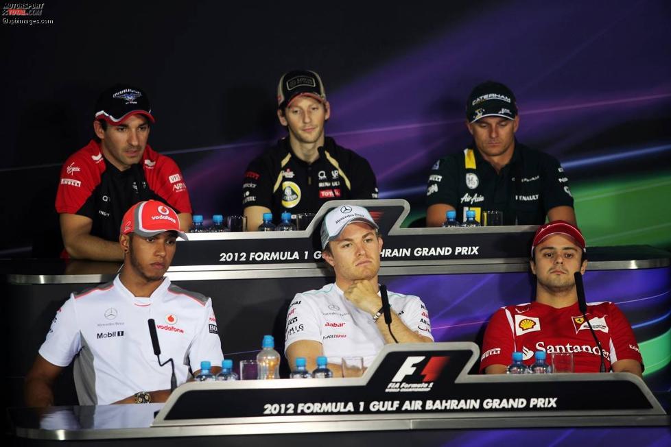 Pressekonferenz am Donnestag - oberer Reihe: Timo Glock (Marussia), Romain Grosjean (Lotus) und Heikki Kovalainen (Caterham); untere Reihe: Lewis Hamilton (McLaren), Nico Rosberg (Mercedes) und Felipe Massa (Ferrari) 