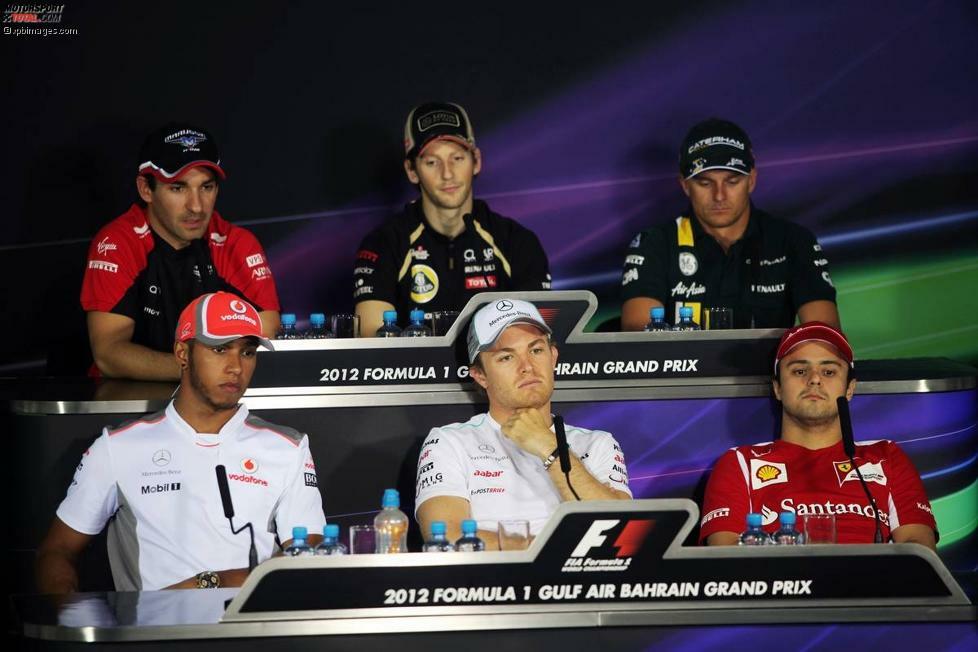 Pressekonferenz am Donnestag - oberer Reihe: Timo Glock (Marussia), Romain Grosjean (Lotus) und Heikki Kovalainen (Caterham); untere Reihe: Lewis Hamilton (McLaren), Nico Rosberg (Mercedes) und Felipe Massa (Ferrari) 