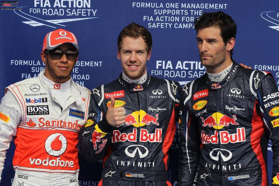 Die drei Schnellsten im Qualifying: Lewis Hamilton (McLaren), Sebastian Vettel auf Pole (Red Bull) und Teamkollege Mark Webber