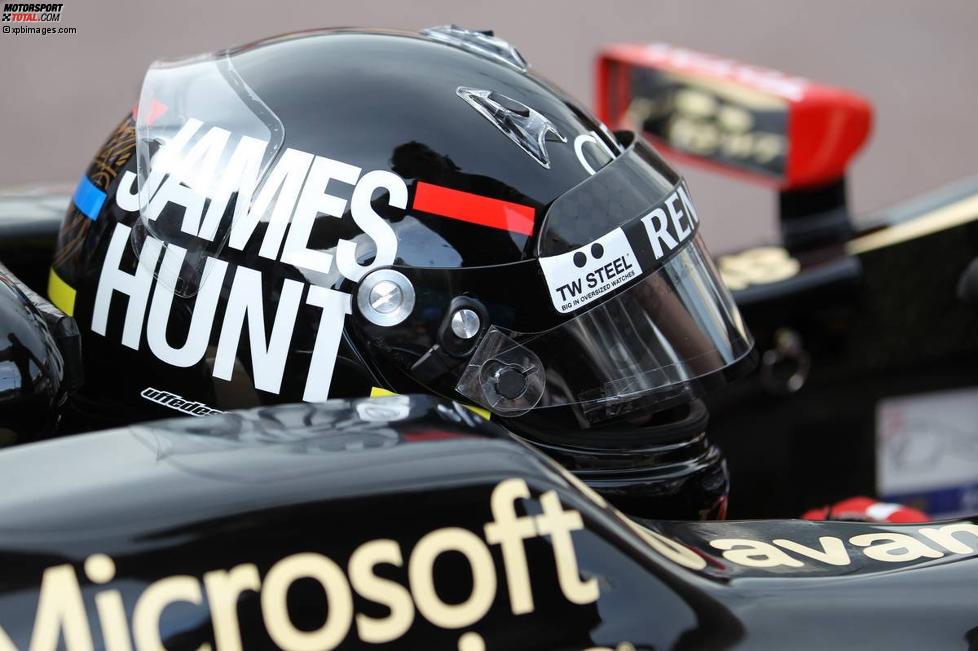 Kimi Räikkönen (Lotus) fährt in Monte Carlo mit einem ganz besonderem Helm - mit dem Namen von James Hunt, dem Draufgänger der guten alten Zeit...