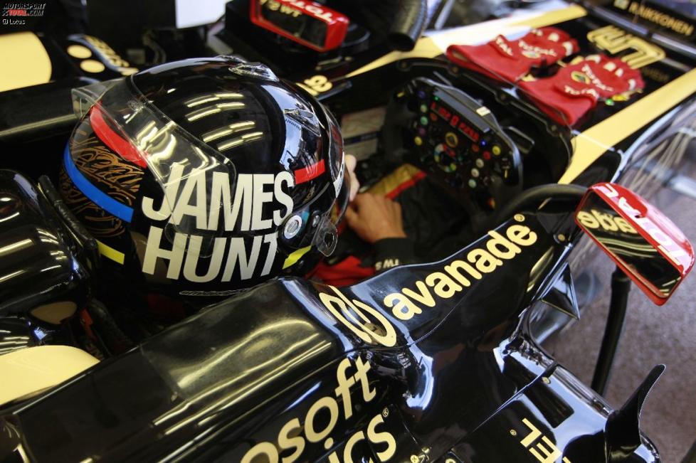 Kimi Räikkönen (Lotus) mit dem Helmdesign seines Vorbilds James Hunt, mit dessen Pseudonym er schon mal bei einem Hundeschlittenrennen an den Start gegangen ist