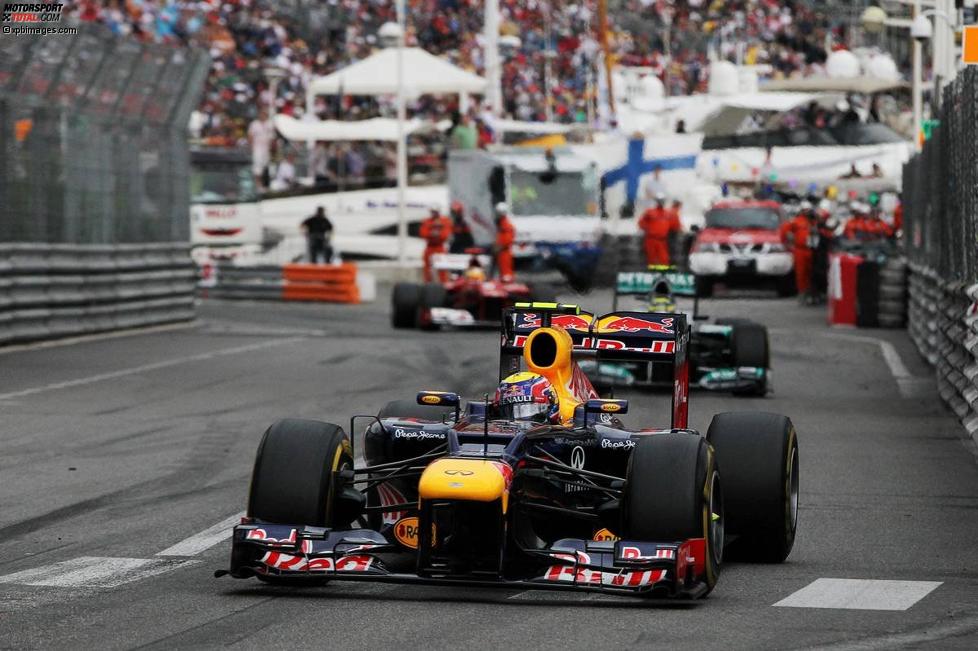 So war letztlich auch der Zieleinlauf: Mark Webber (Red Bull), Nico Rosberg (Mercedes) und Fernando Alonso (Ferrari) 