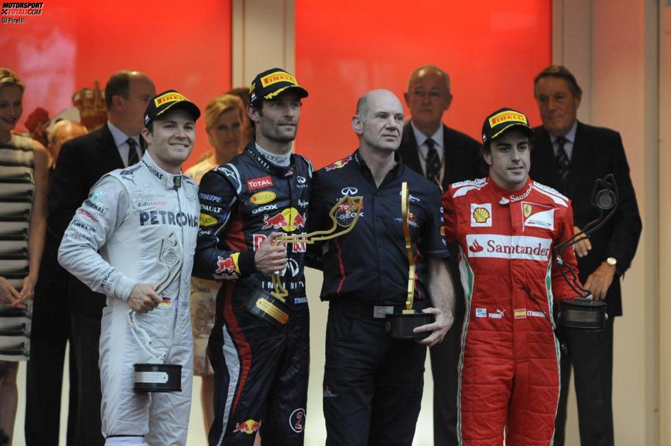 Nico Rosberg (Mercedes), Mark Webber (Red Bull), Adrian Newey (Red Bull) und Fernando Alonso (Ferrari) 