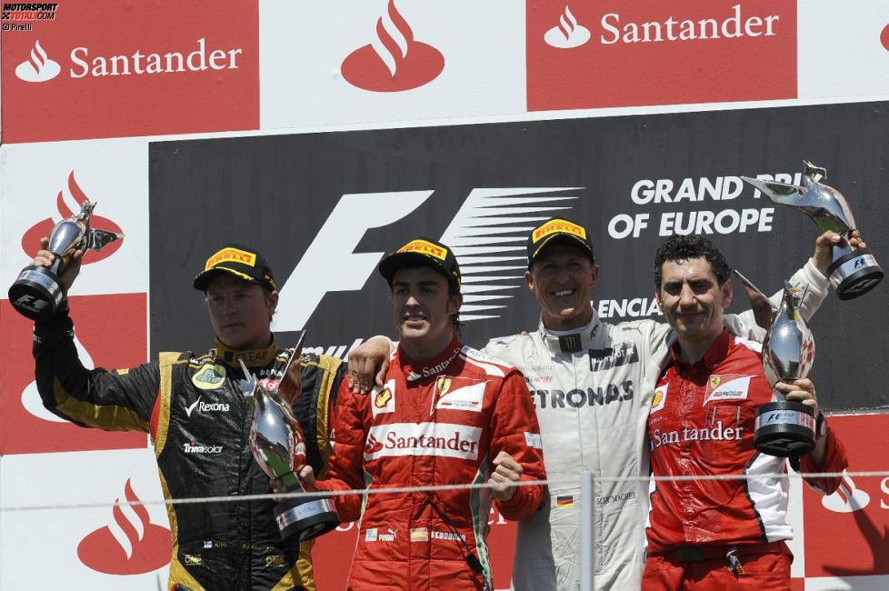 Fernando Alonso (Ferrari), Michael Schumacher (Mercedes) und Kimi Räikkönen (Lotus) mit Andrea Stella